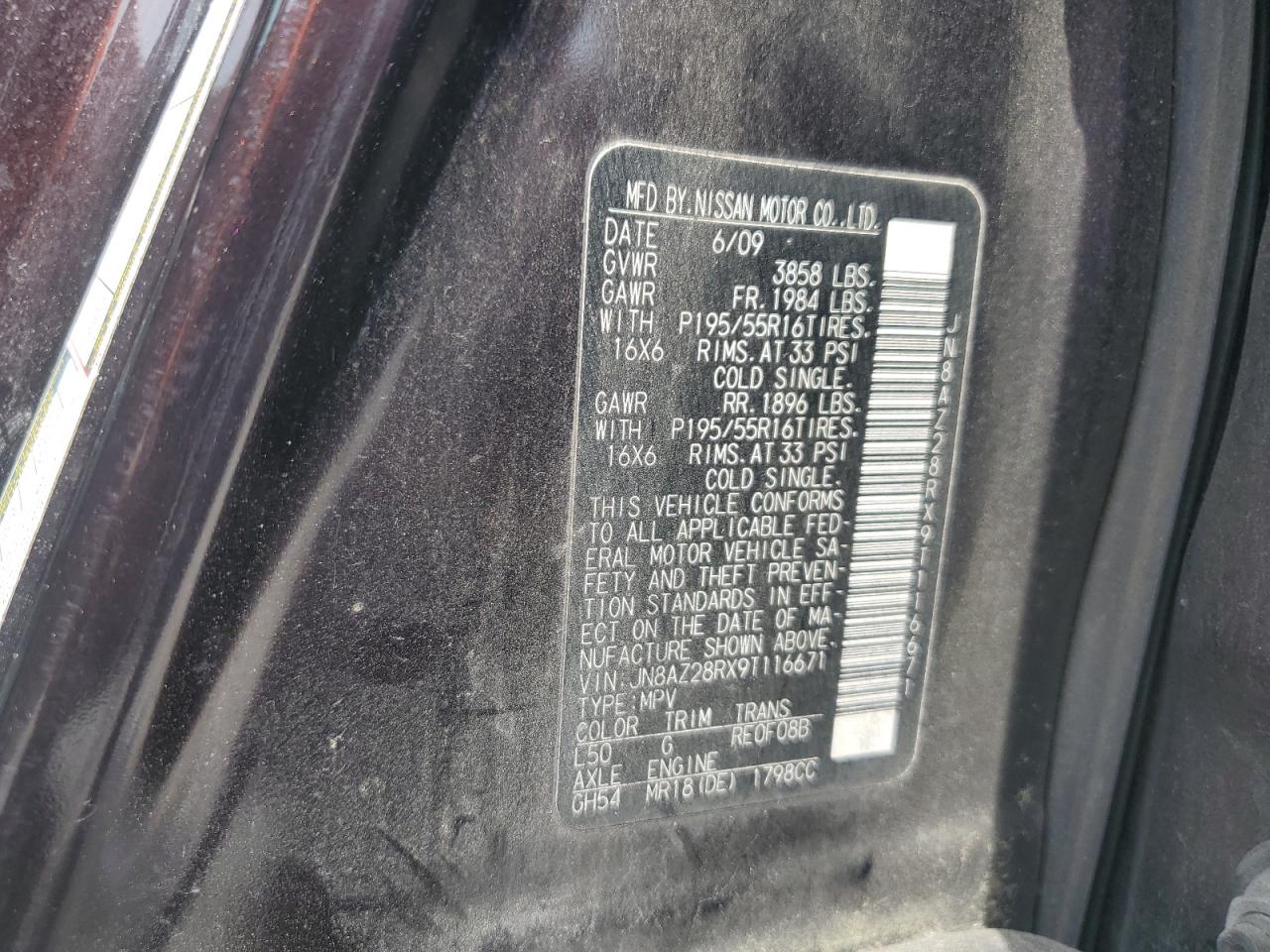 2009 Nissan Cube Base VIN: JN8AZ28RX9T116671 Lot: 60406225