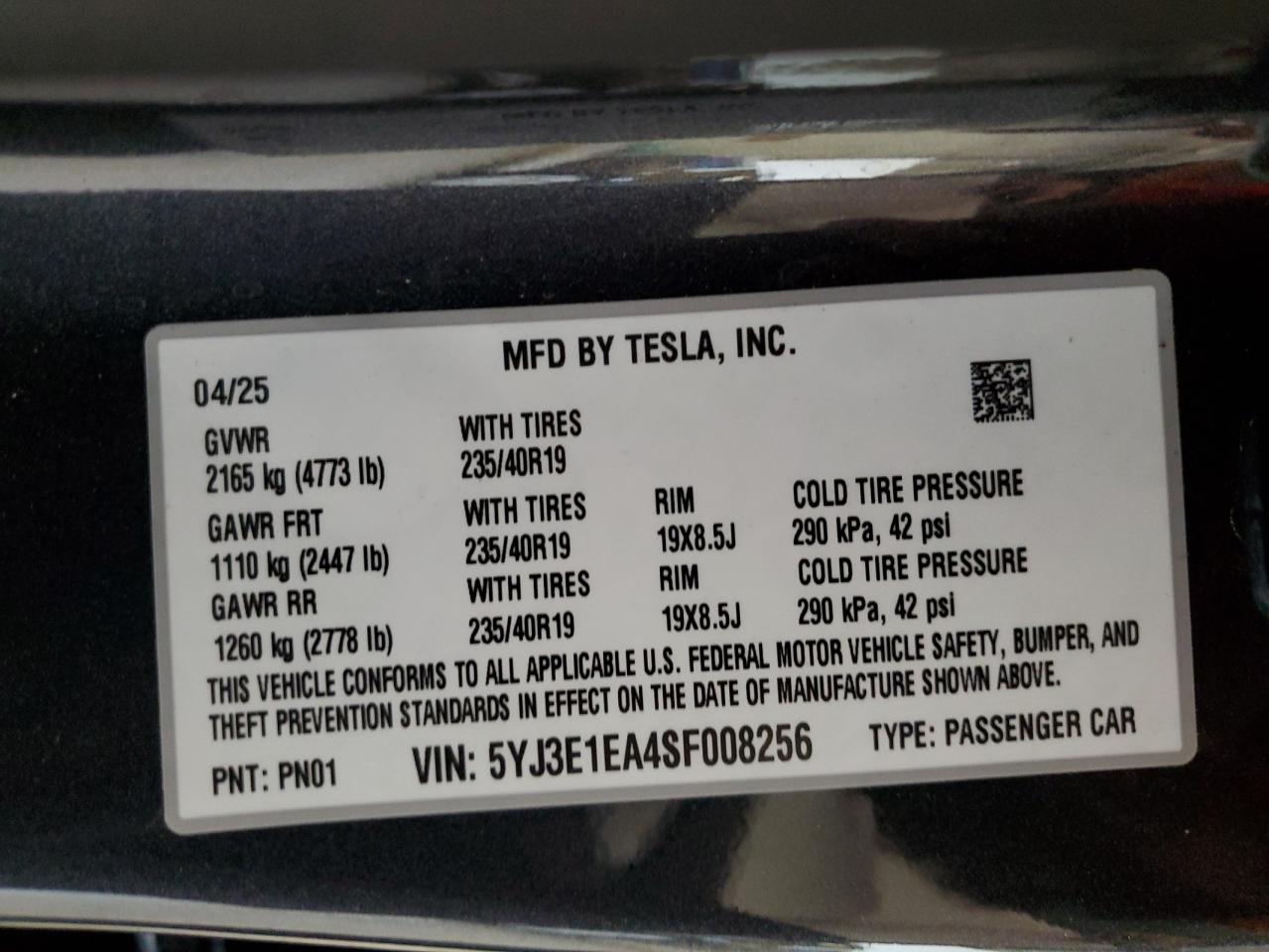 2025 Tesla Model 3 VIN: 5YJ3E1EA4SF008256 Lot: 62415505