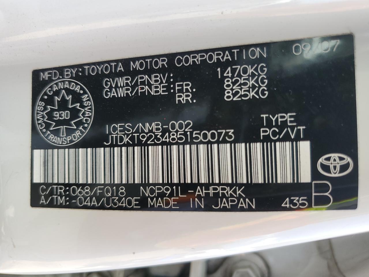 2008 Toyota Yaris VIN: JTDKT923485150073 Lot: 61362985