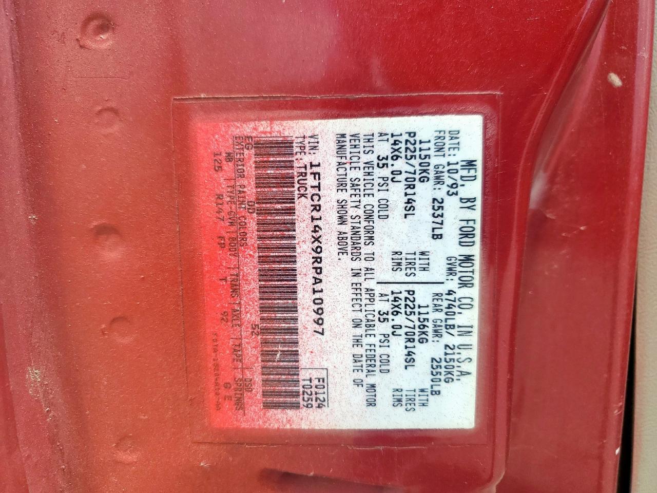 1994 Ford Ranger Super Cab VIN: 1FTCR14X9RPA10997 Lot: 62719705