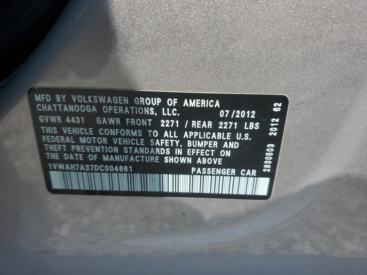 2013 Volkswagen Passat S VIN: 1VWAH7A37DC004661 Lot: 62065495