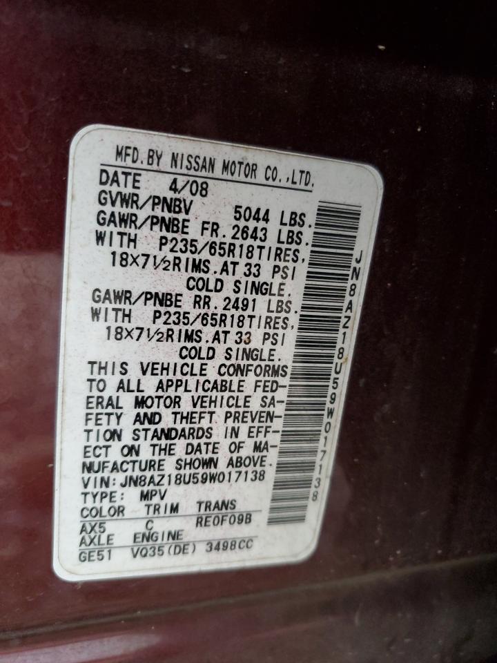2009 Nissan Murano S VIN: JN8AZ18U59W017138 Lot: 56700235