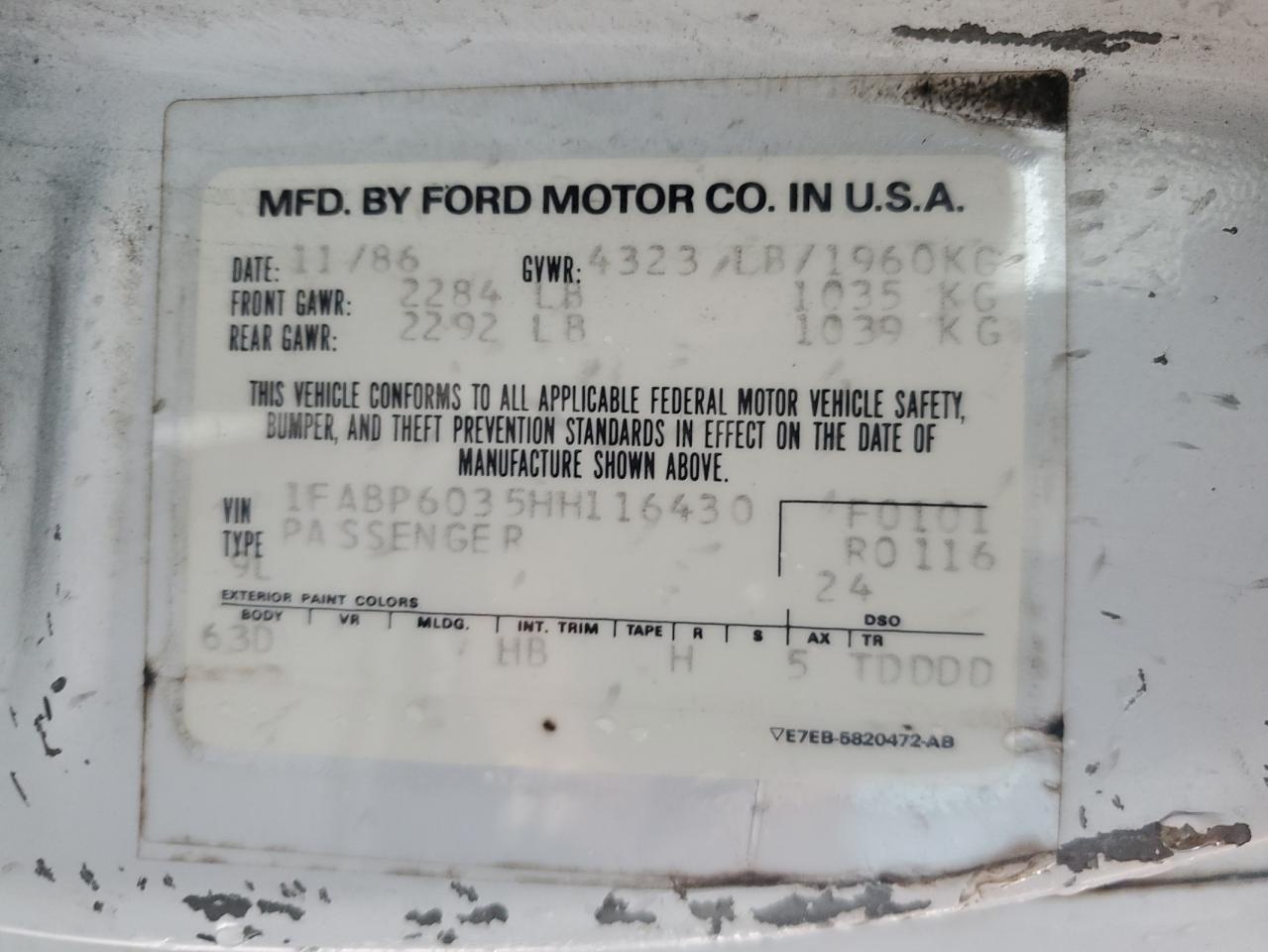 1987 Ford Thunderbird VIN: 1FABP6035HH116430 Lot: 62511075