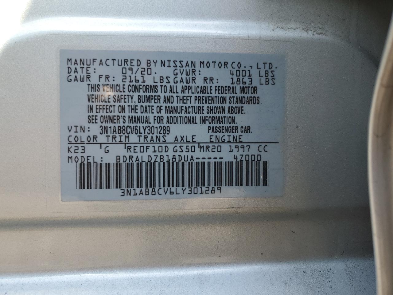 2020 Nissan Sentra Sv VIN: 3N1AB8CV6LY301289 Lot: 62552755