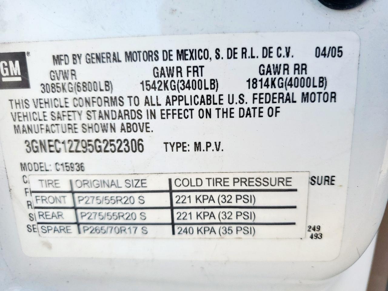 2005 Chevrolet Avalanche C1500 VIN: 3GNEC12Z95G252306 Lot: 62844955