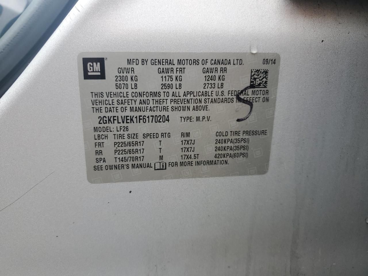 2015 GMC Terrain Sle VIN: 2GKFLVEK1F6170204 Lot: 60920655