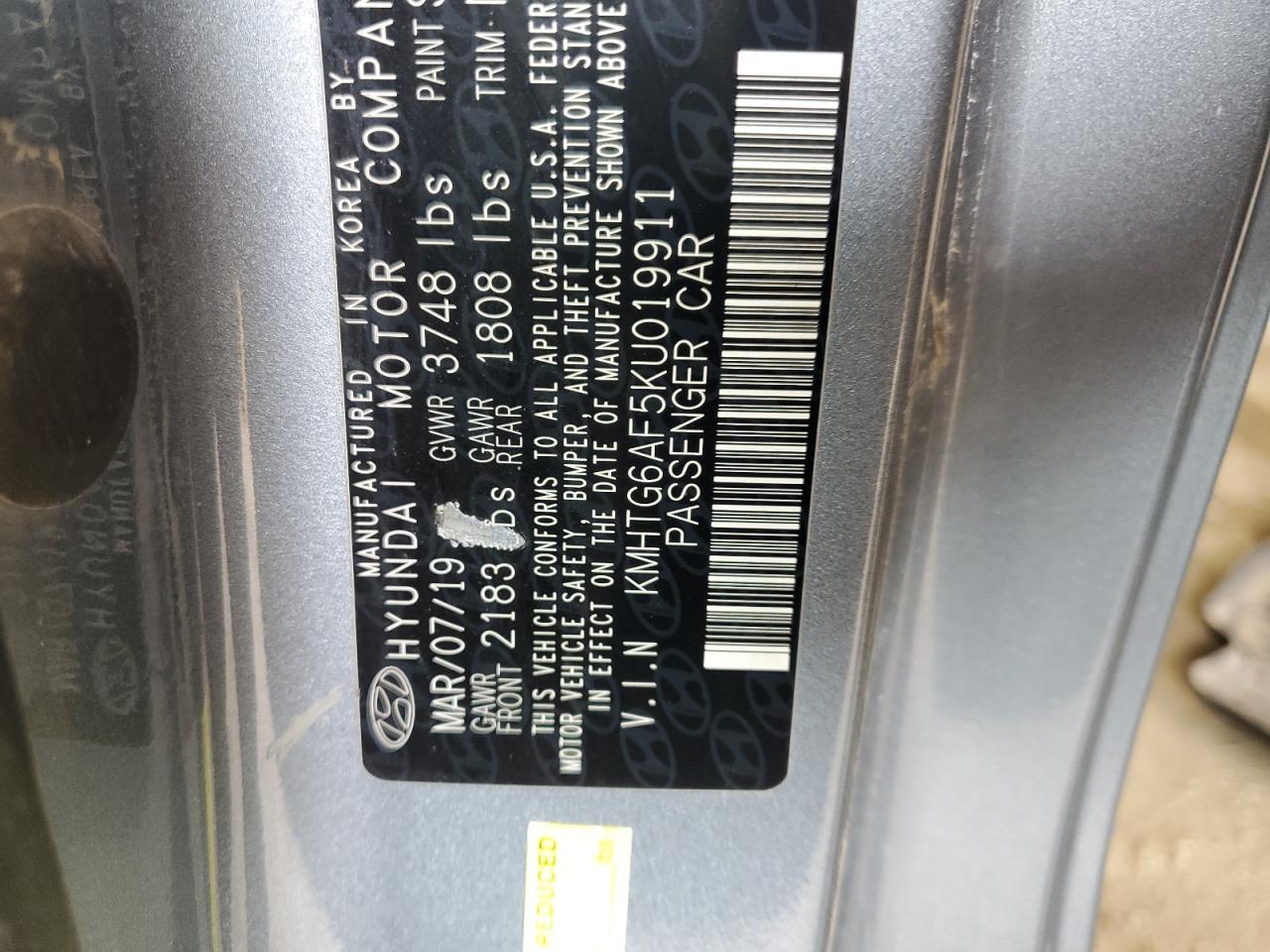 2019 Hyundai Veloster Base VIN: KMHTG6AF5KU019911 Lot: 59309185