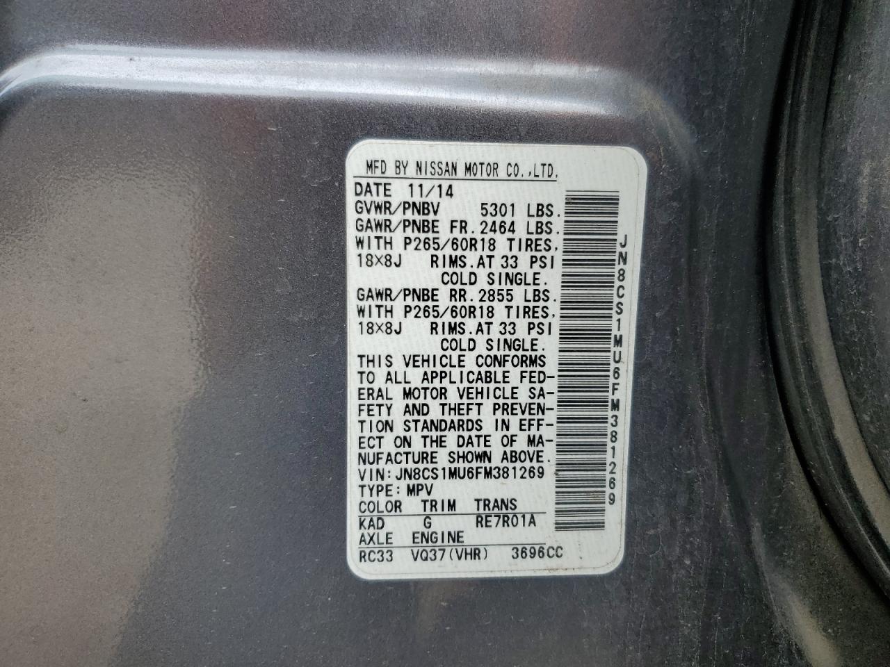 2015 Infiniti Qx70 VIN: JN8CS1MU6FM381269 Lot: 59914295