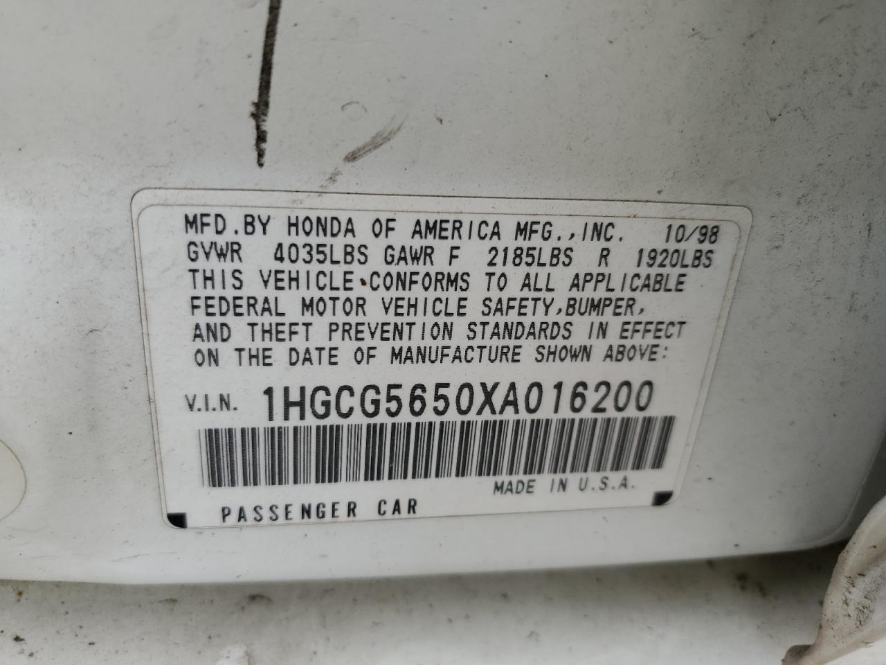 1999 Honda Accord Ex VIN: 1HGCG5650XA016200 Lot: 62574915