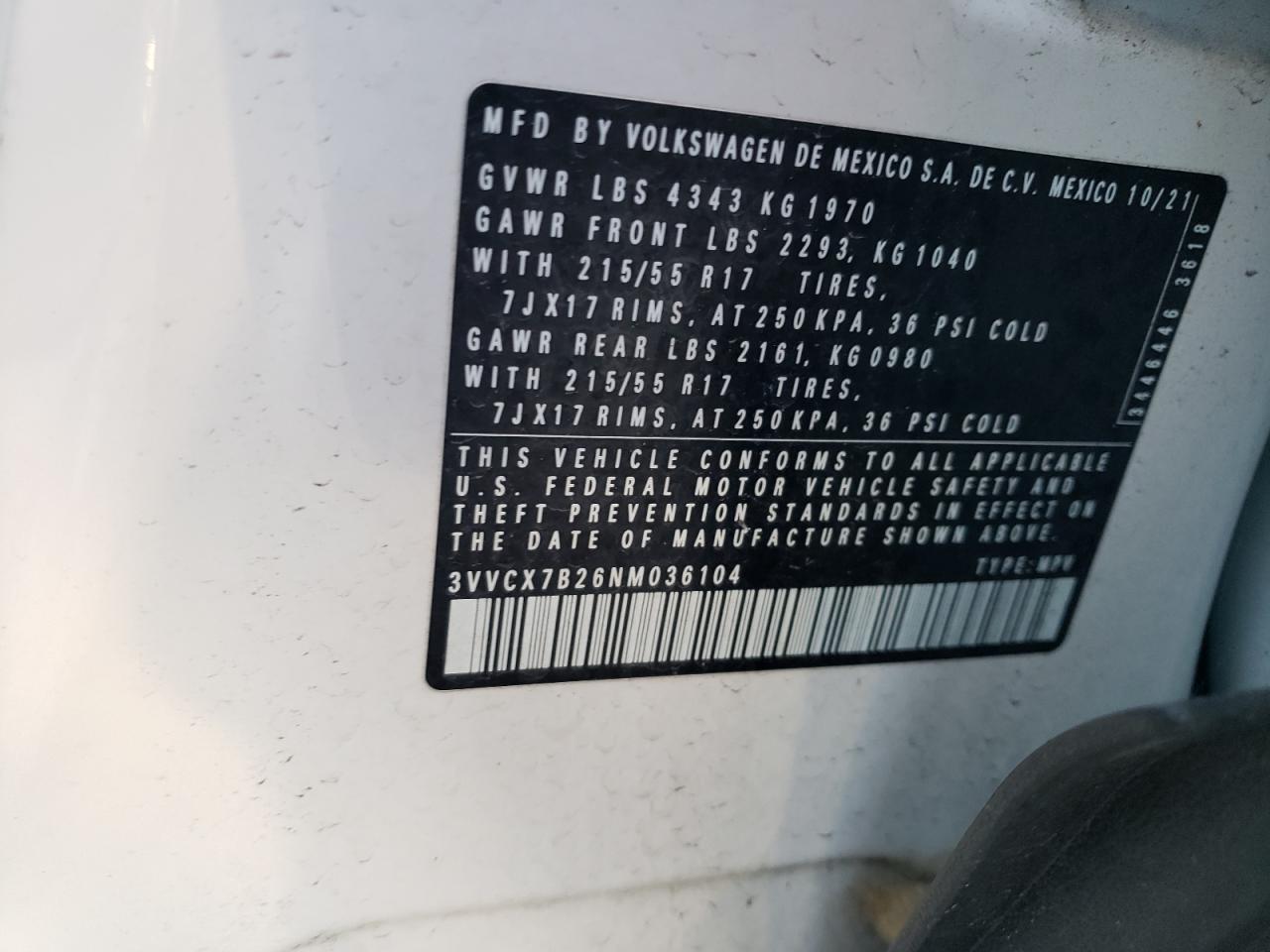 2022 Volkswagen Taos S VIN: 3VVCX7B26NM036104 Lot: 58290935