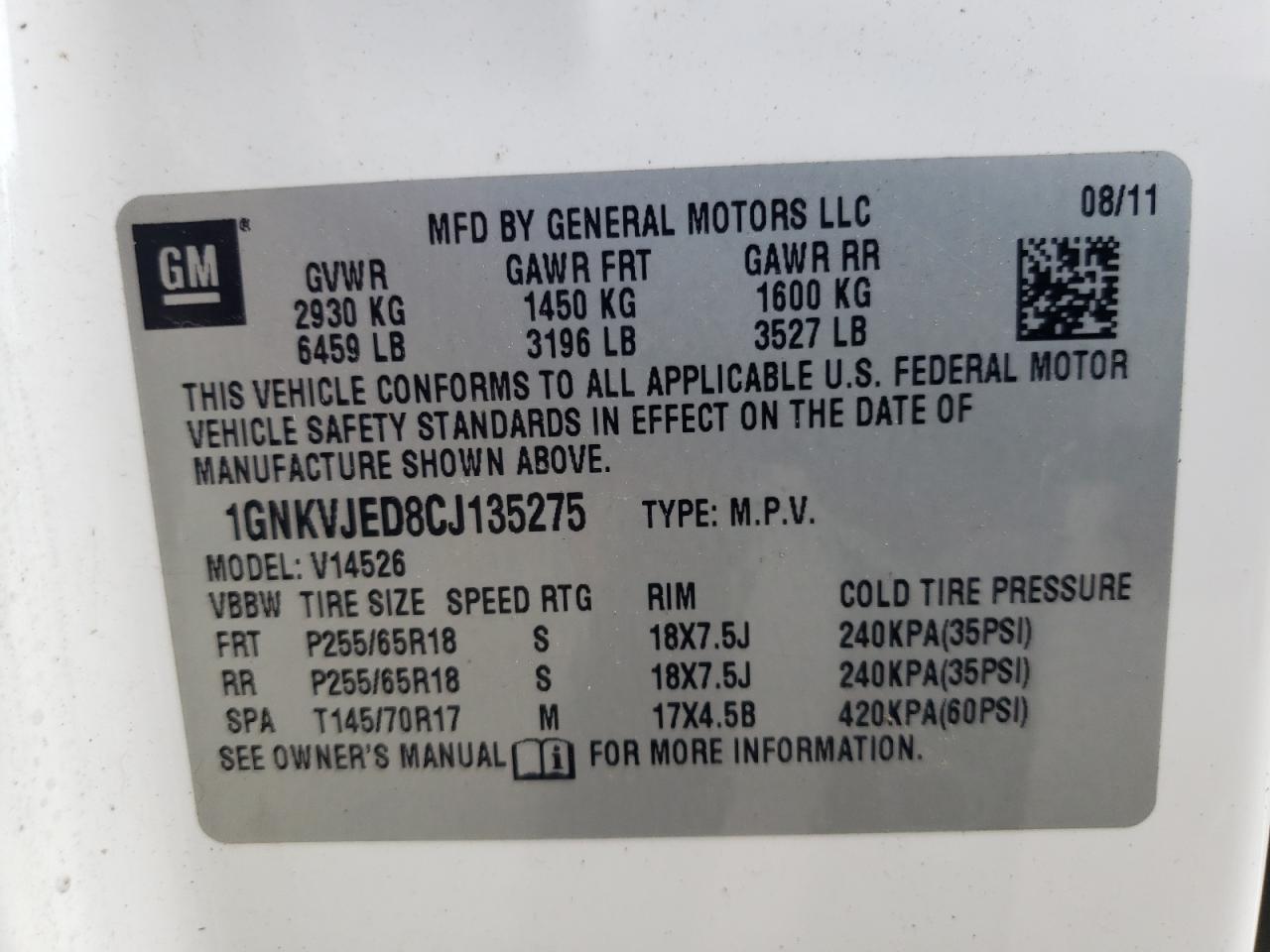 2012 Chevrolet Traverse Lt VIN: 1GNKVJED8CJ135275 Lot: 62666565