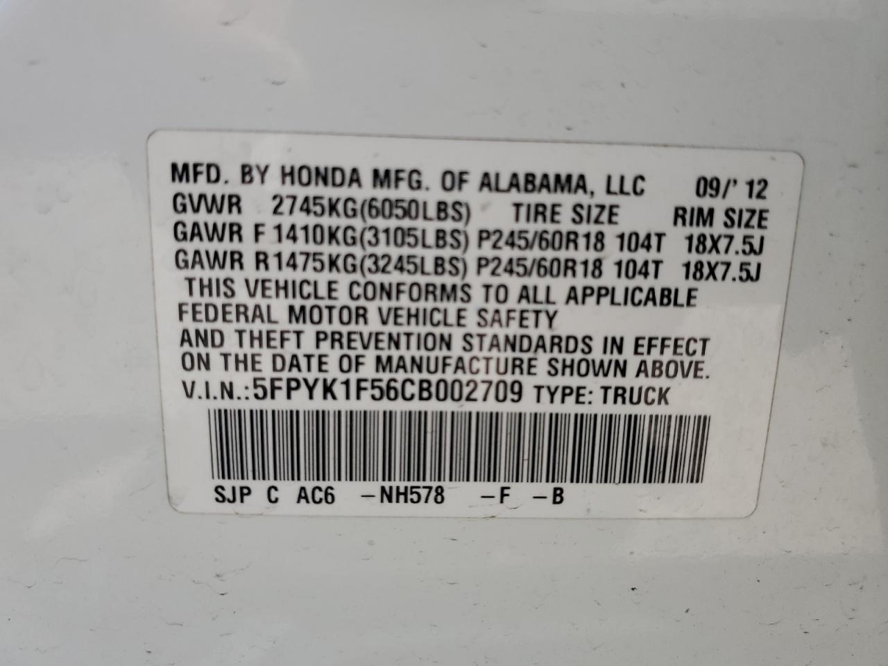 2012 Honda Ridgeline Rtl VIN: 5FPYK1F56CB002709 Lot: 62642495