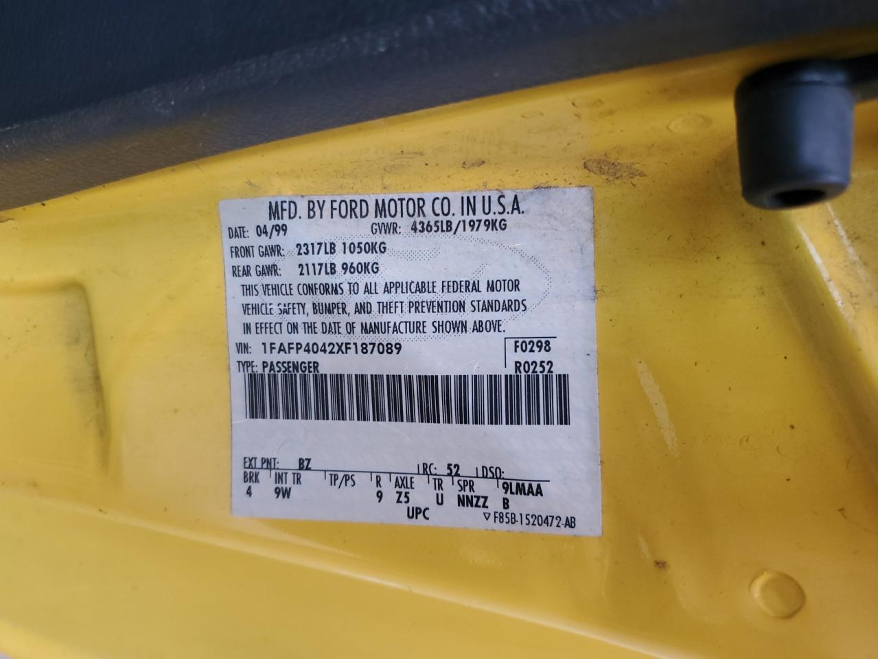 1999 Ford Mustang VIN: 1FAFP4042XF187089 Lot: 60511575