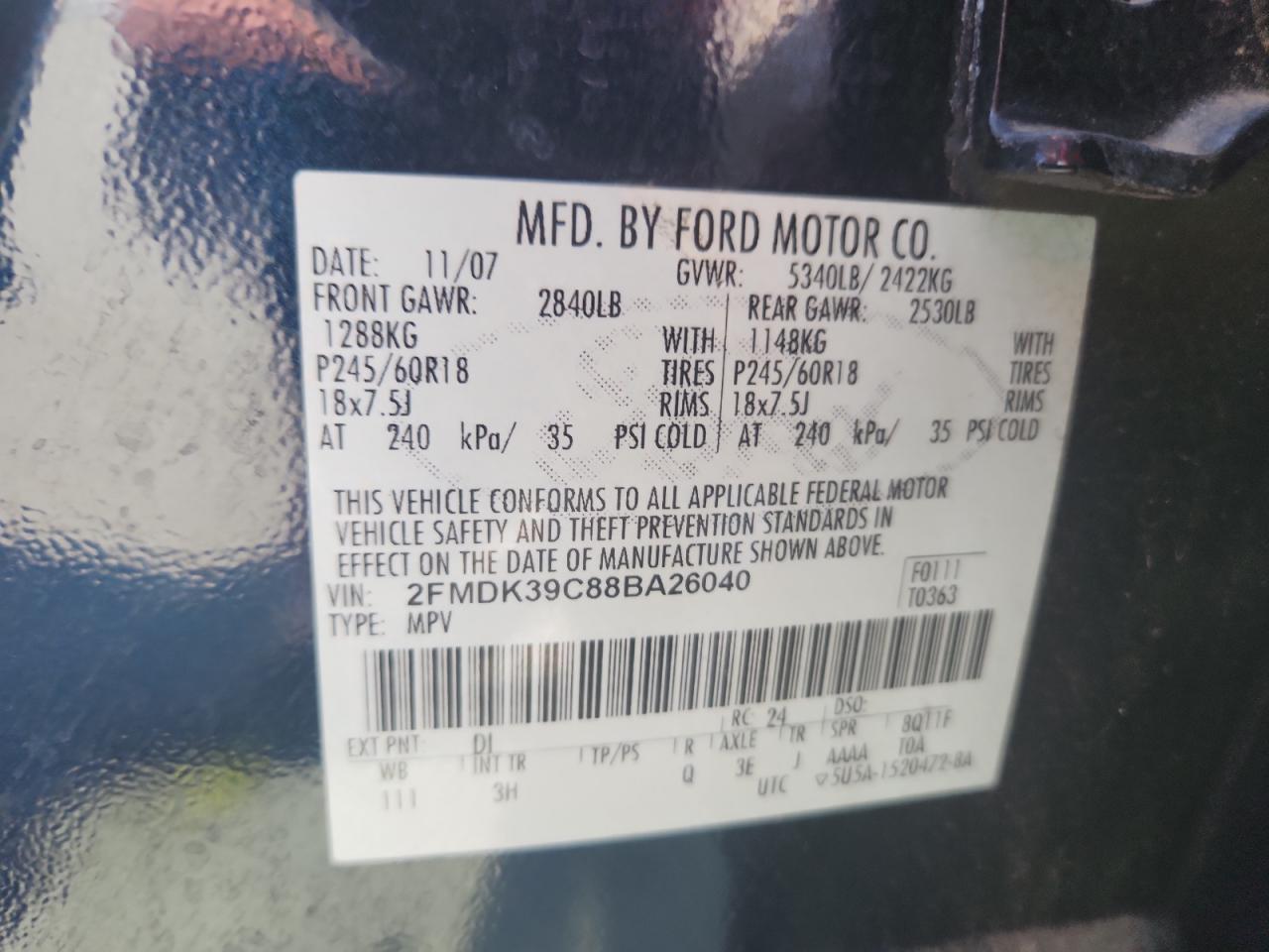 2008 Ford Edge Limited VIN: 2FMDK39C88BA26040 Lot: 63043355