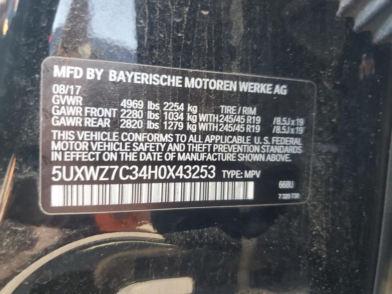 Sale history of 2017 BMW X3, VIN: 5UXWZ7C34H0X43253 COPART