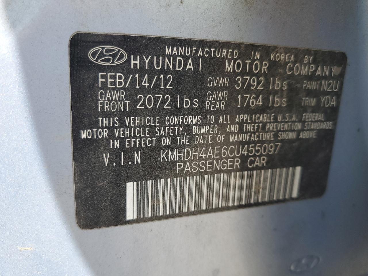 2012 Hyundai Elantra Gls VIN: KMHDH4AE6CU455097 Lot: 61954925