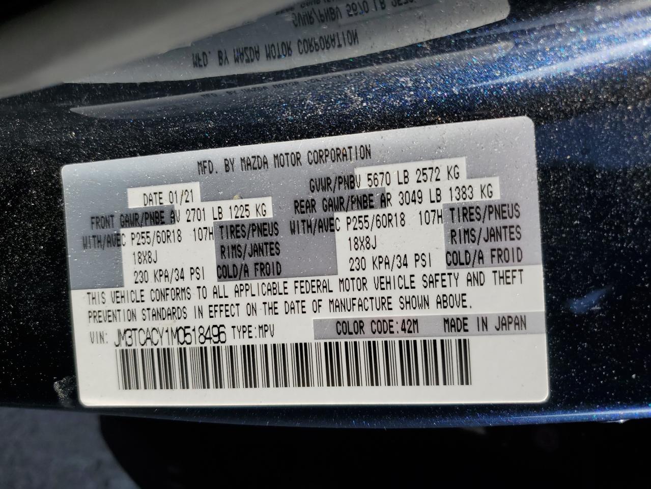 2021 Mazda Cx-9 Touring VIN: JM3TCACY1M0518496 Lot: 61200765