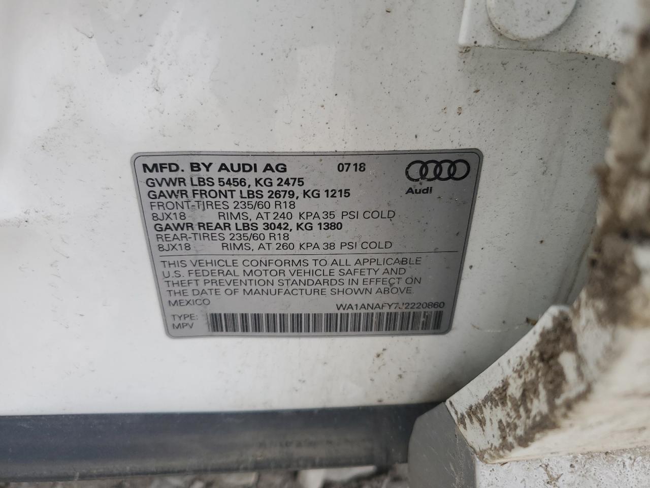 2018 Audi Q5 Premium VIN: WA1ANAFY7J2220860 Lot: 62063375