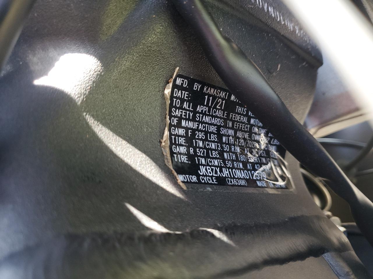 2022 Kawasaki Zx636 K VIN: JKBZXJH10NA012579 Lot: 61748345