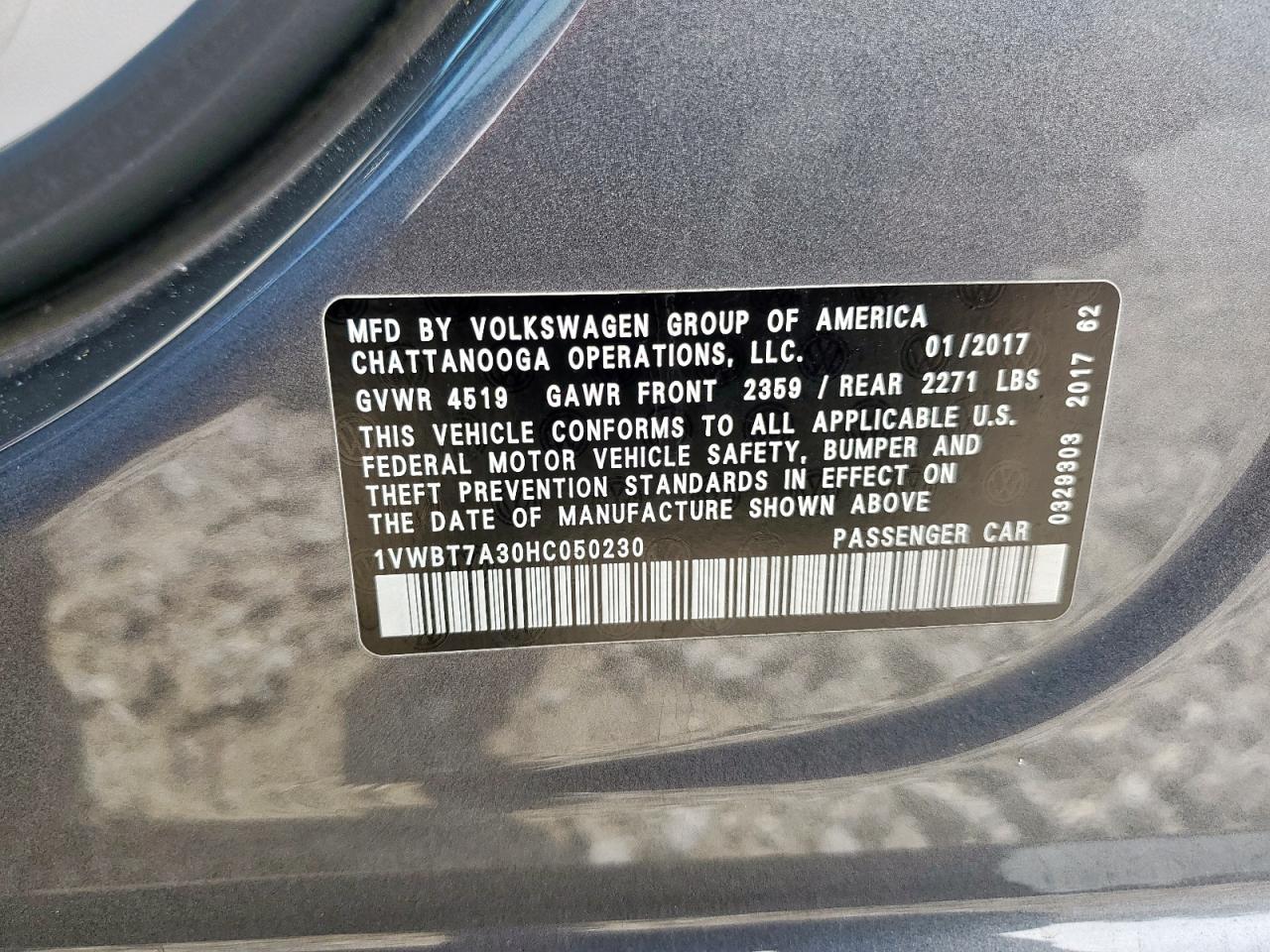 2017 Volkswagen Passat Se VIN: 1VWBT7A30HC050230 Lot: 62790545