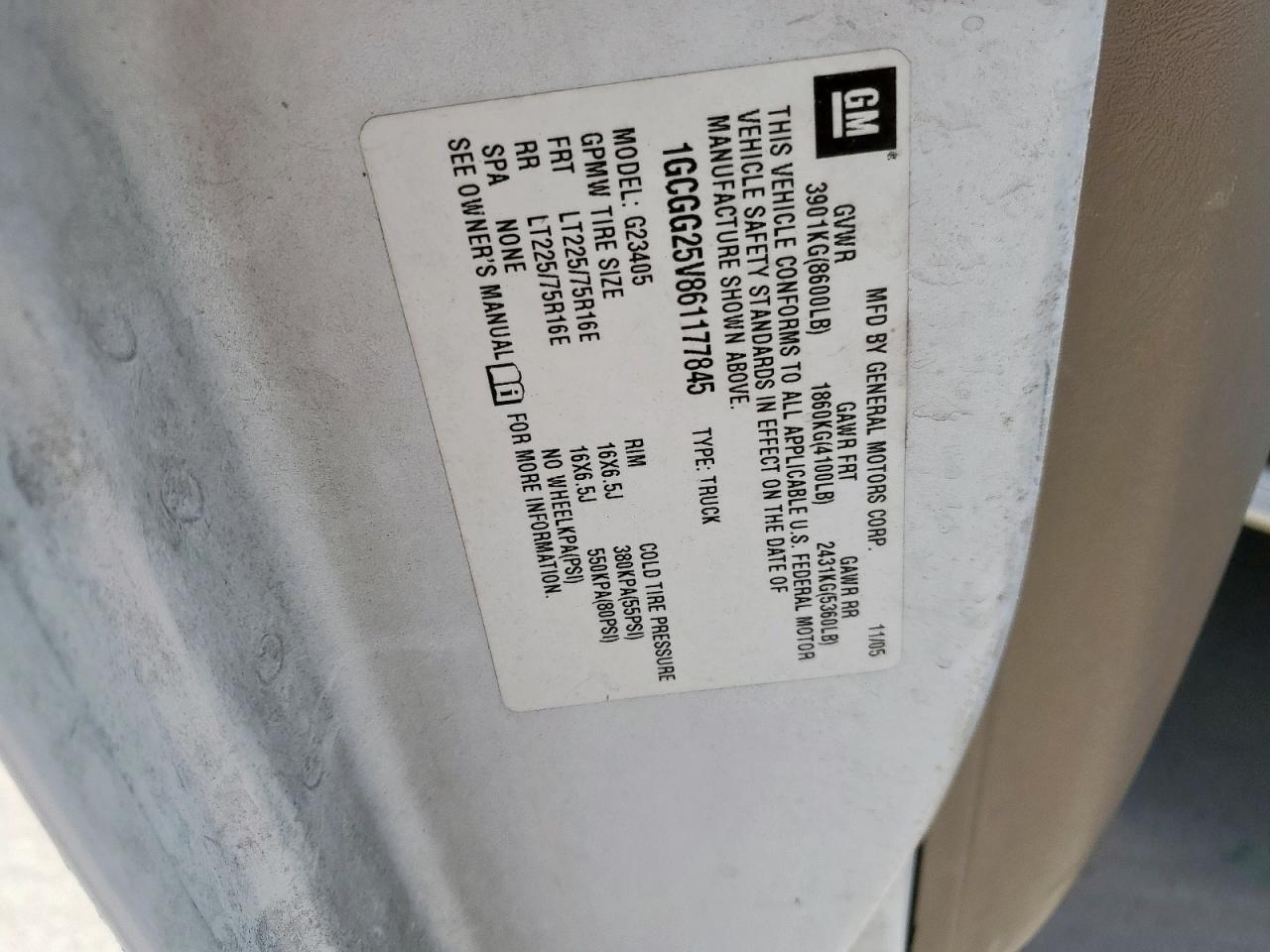 2006 Chevrolet Express G2500 VIN: 1GCGG25V861177845 Lot: 62940025