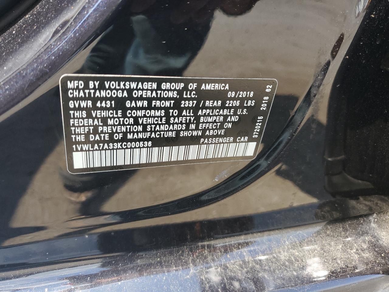 2019 Volkswagen Passat Wolfsburg VIN: 1VWLA7A33KC000536 Lot: 62149115