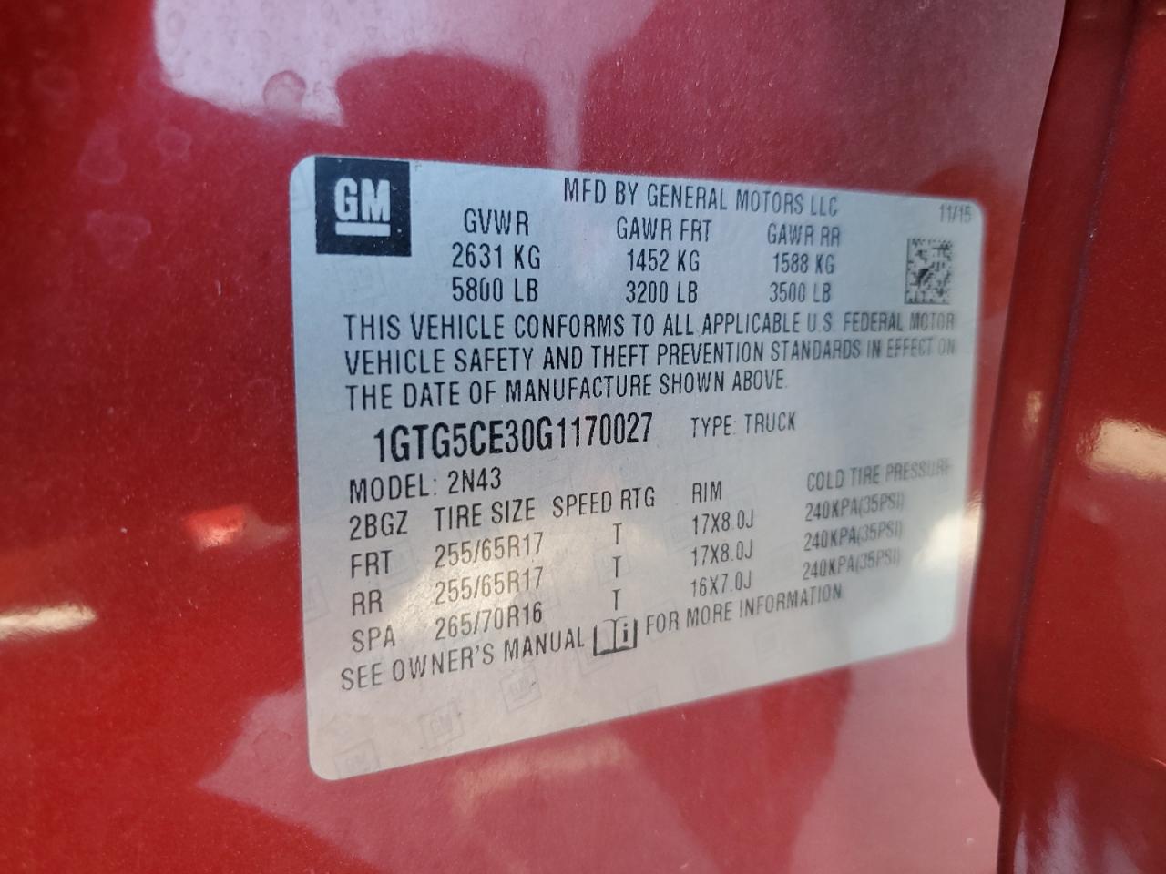 2016 GMC Canyon Sle VIN: 1GTG5CE30G1170027 Lot: 61762375