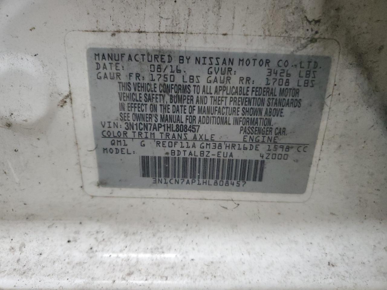 2017 Nissan Versa S VIN: 3N1CN7AP1HL808457 Lot: 62959335