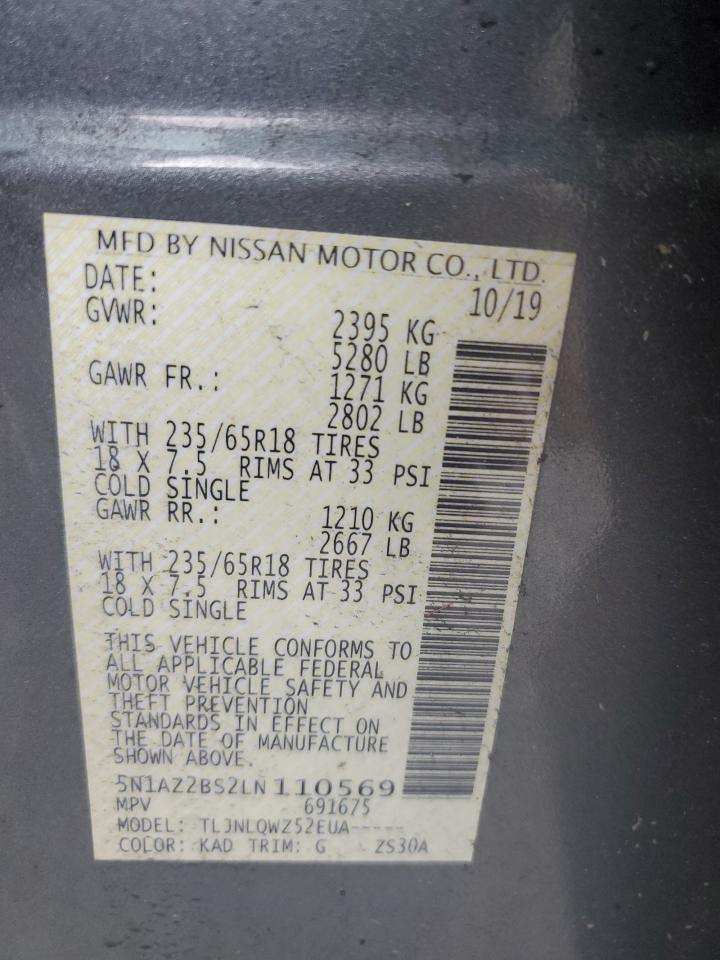 2020 Nissan Murano Sv VIN: 5N1AZ2BS2LN110569 Lot: 61936695