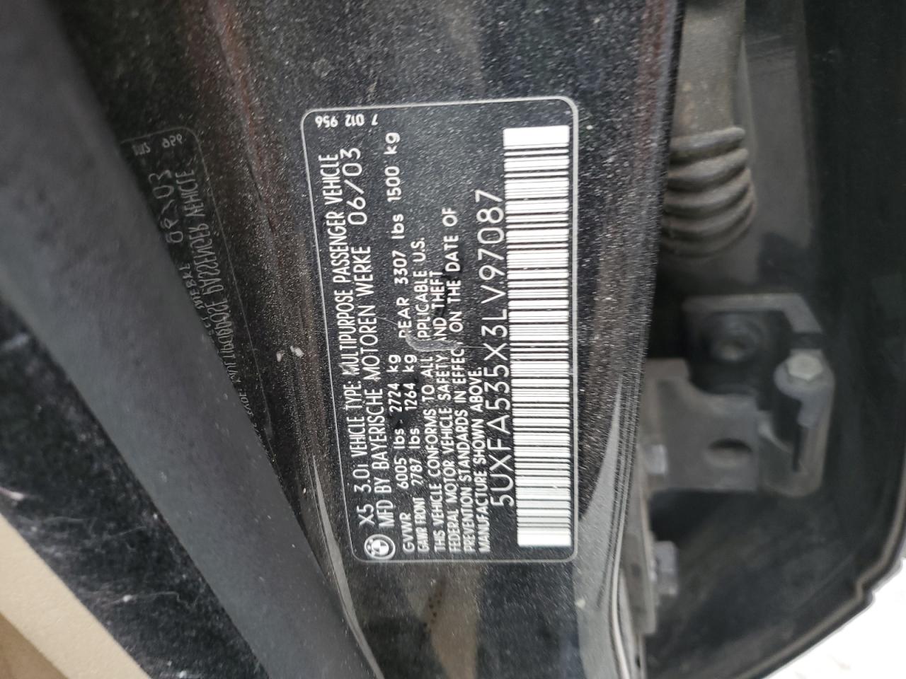 2003 BMW X5 3.0I VIN: 5UXFA535X3LV97087 Lot: 62177465