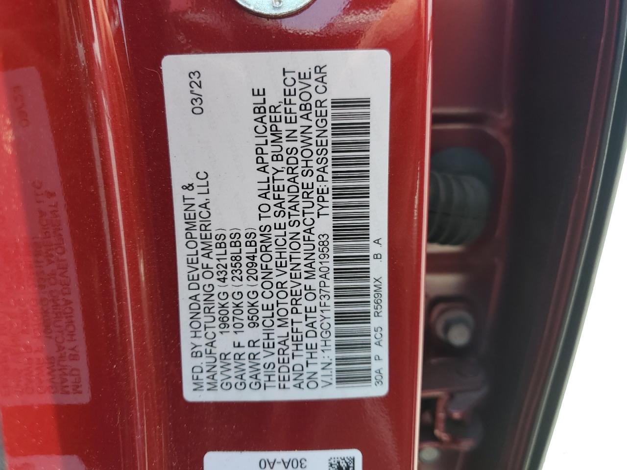 HONDA ACCORD 2023 VIN 1HGCY1F37PA019583 фото 12