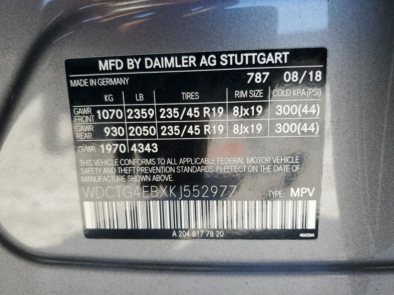 2019 Mercedes-Benz Gla 250 VIN: WDCTG4EBXKJ552977 Lot: 61868545