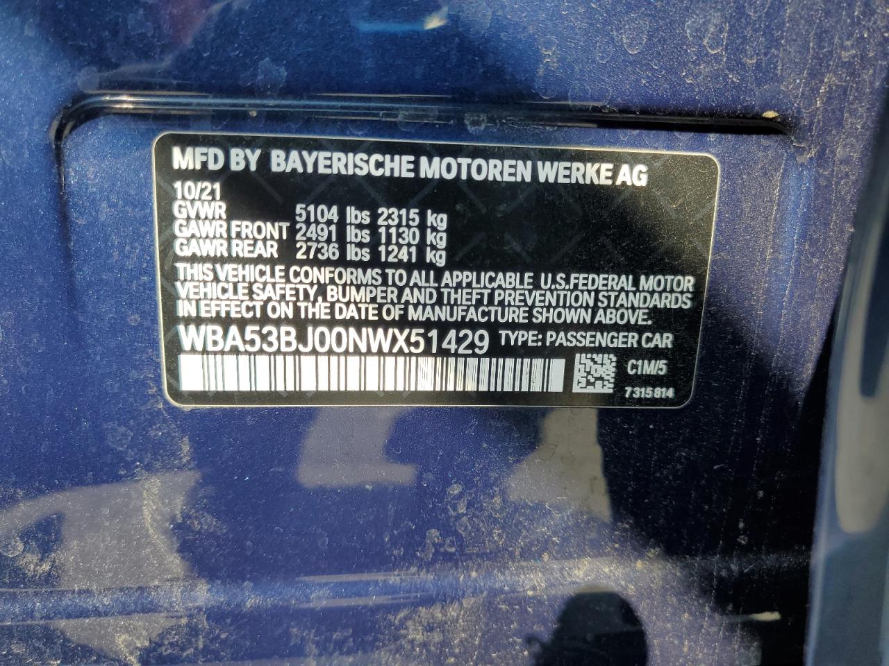 2022 BMW 540 I VIN: WBA53BJ00NWX51429 Lot: 62556105