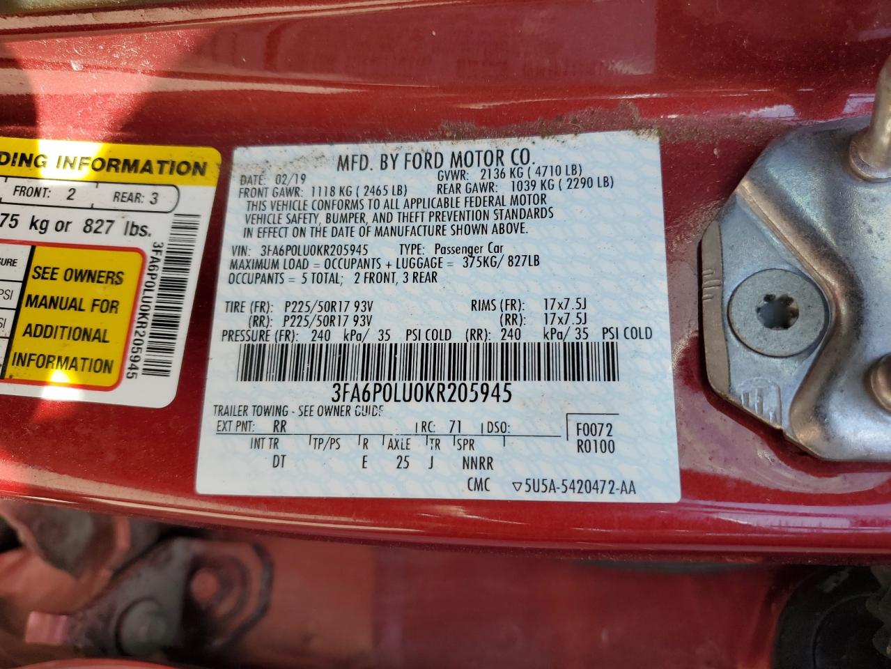 2019 Ford Fusion Se VIN: 3FA6P0LU0KR205945 Lot: 61667645