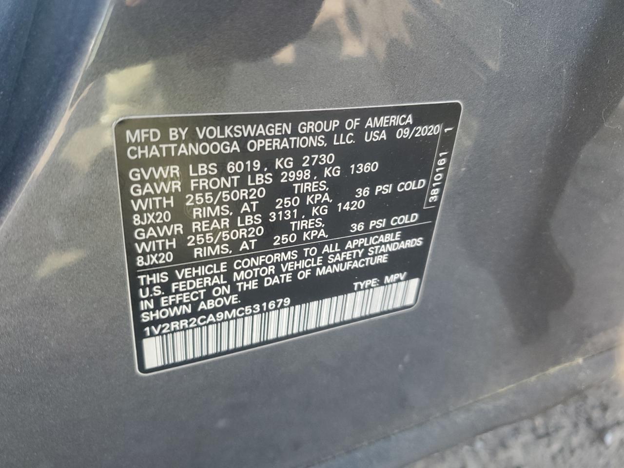 2021 Volkswagen Atlas Se VIN: 1V2RR2CA9MC531679 Lot: 62912215