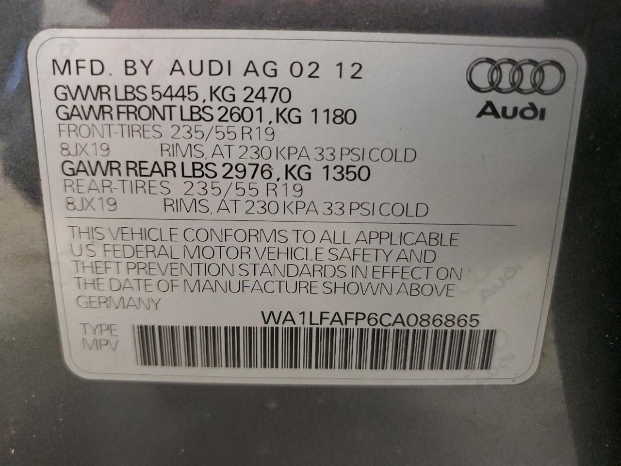 2012 Audi Q5 Premium Plus VIN: WA1LFAFP6CA086865 Lot: 59355205