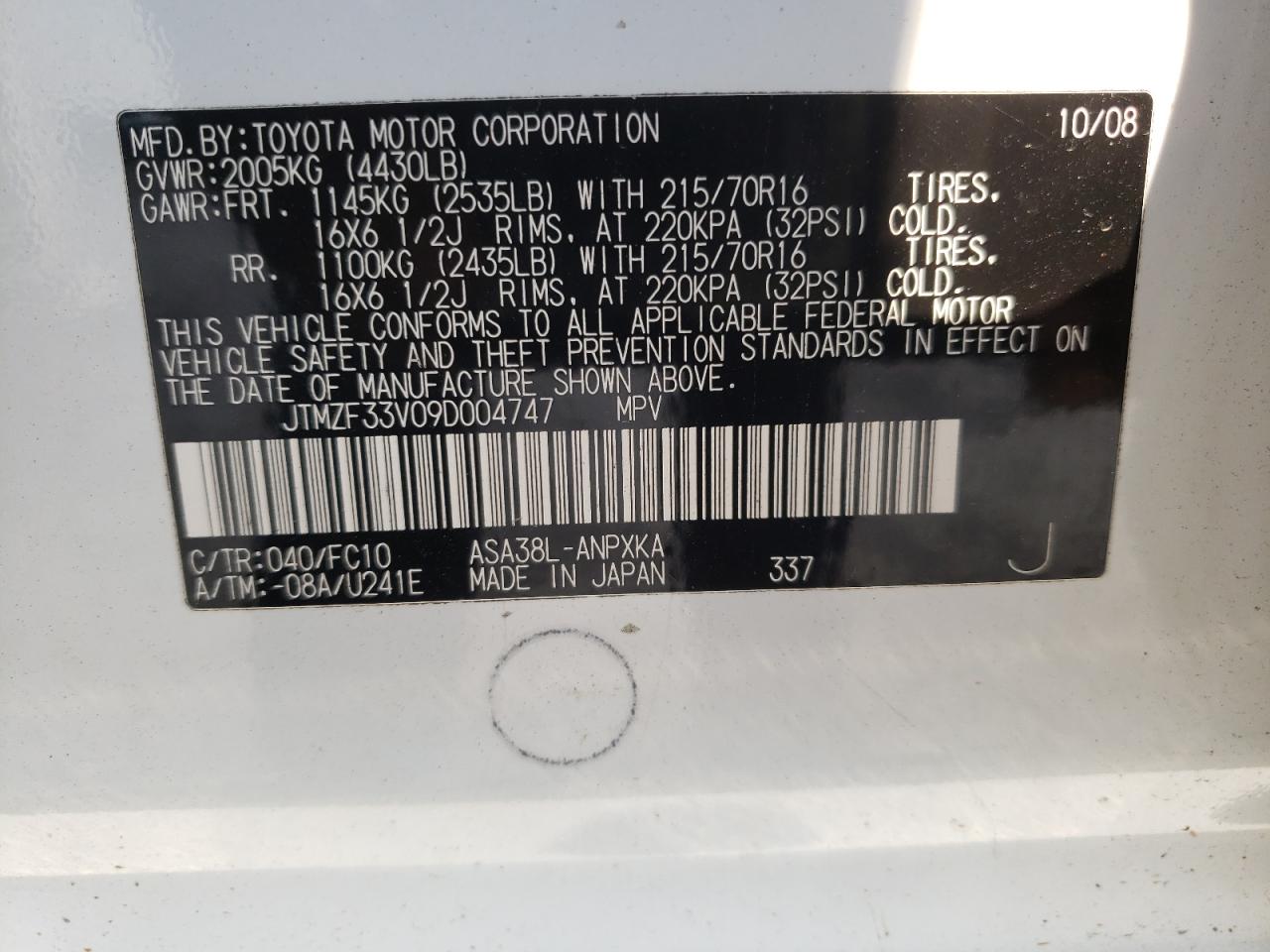 TOYOTA RAV4 2009 VIN JTMZF33V09D004747 photo 13
