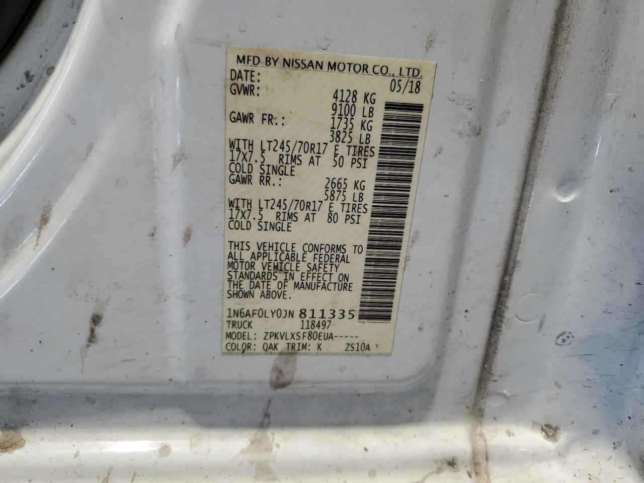 2018 Nissan Nv 2500 S VIN: 1N6AF0LY0JN811335 Lot: 60444855