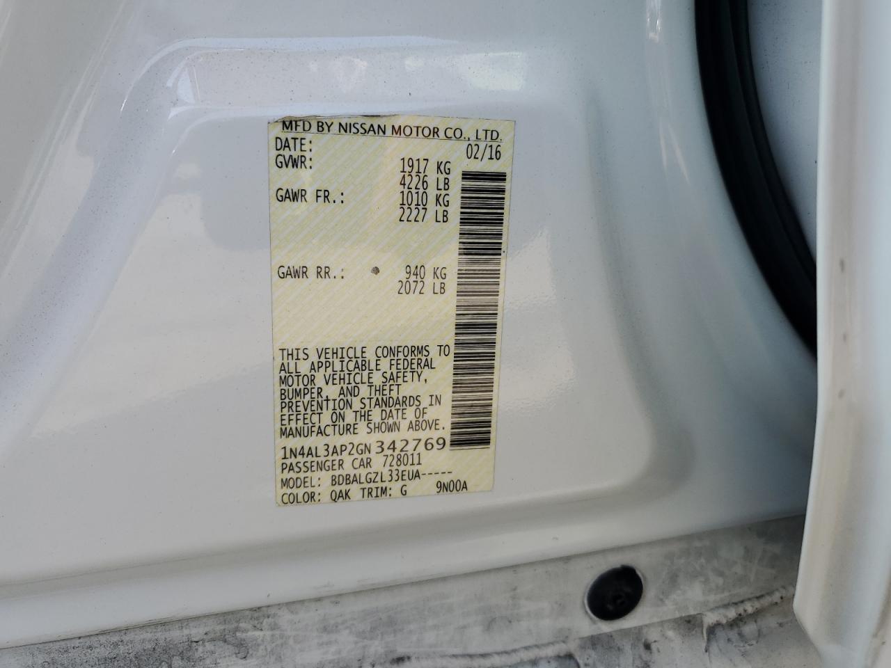 NISSAN ALTIMA 2016 VIN 1N4AL3AP2GN342769 photo 12