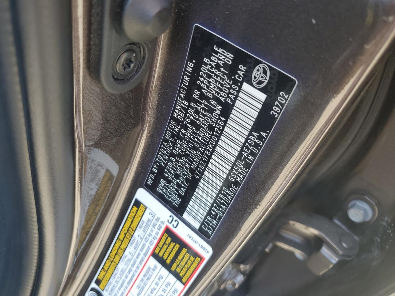 2019 Toyota Avalon Xle VIN: 4T1BZ1FBXKU012564 Lot: 58433795