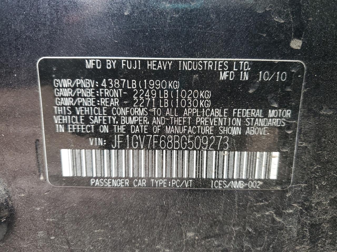 2011 Subaru Impreza Wrx VIN: JF1GV7F68BG509273 Lot: 62572585