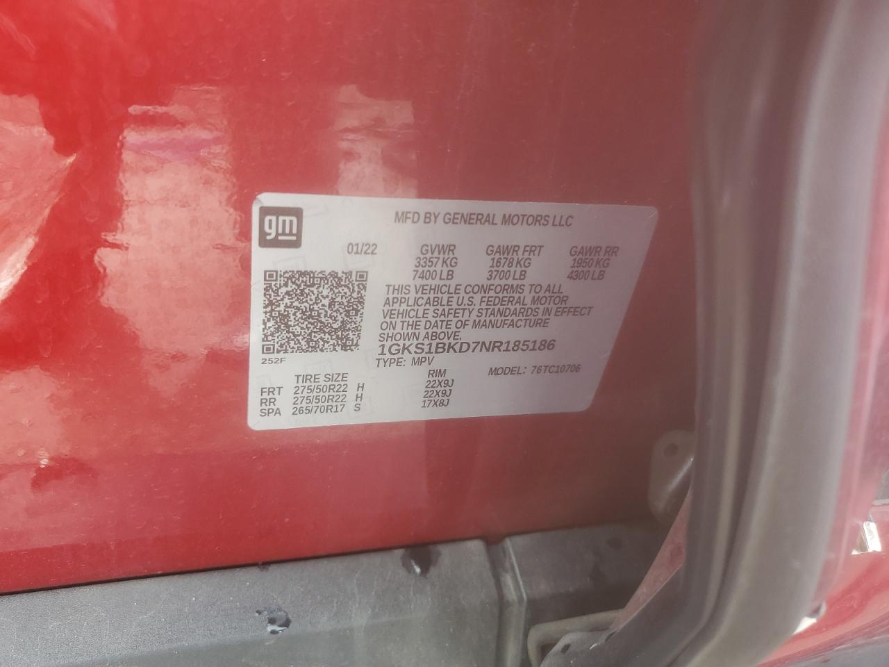 2022 GMC Yukon Slt VIN: 1GKS1BKD7NR185186 Lot: 61466155