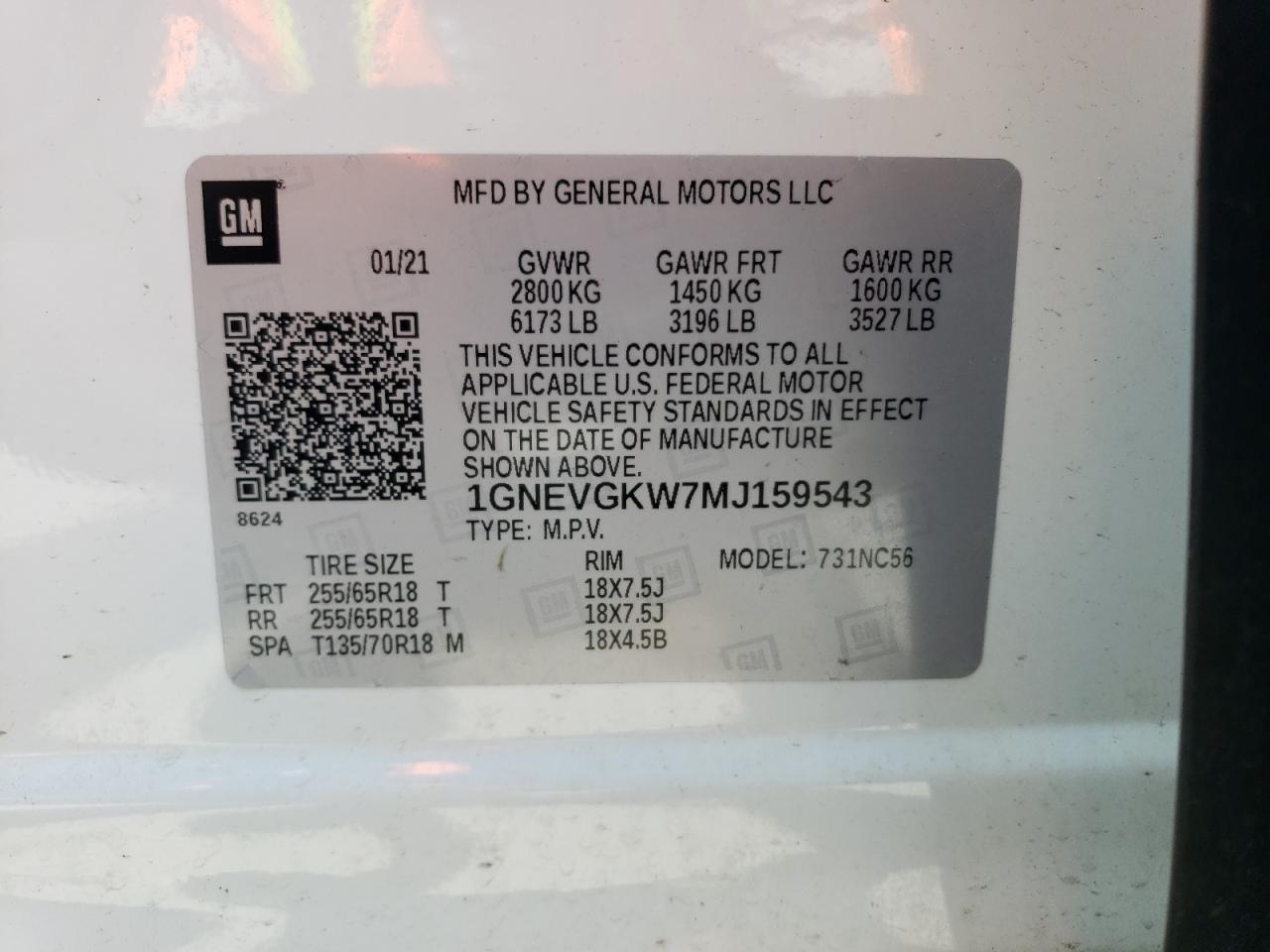2021 Chevrolet Traverse Lt VIN: 1GNEVGKW7MJ159543 Lot: 61096455