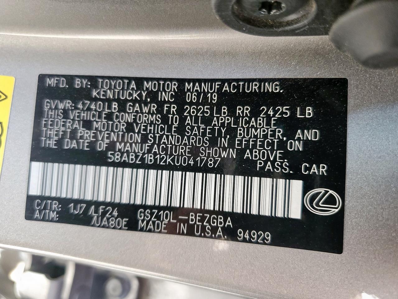 2019 Lexus Es 350 VIN: 58ABZ1B12KU041787 Lot: 60087065