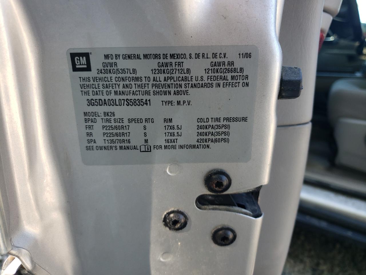 2007 Buick Rendezvous Cx VIN: 3G5DA03L07S583541 Lot: 62161985