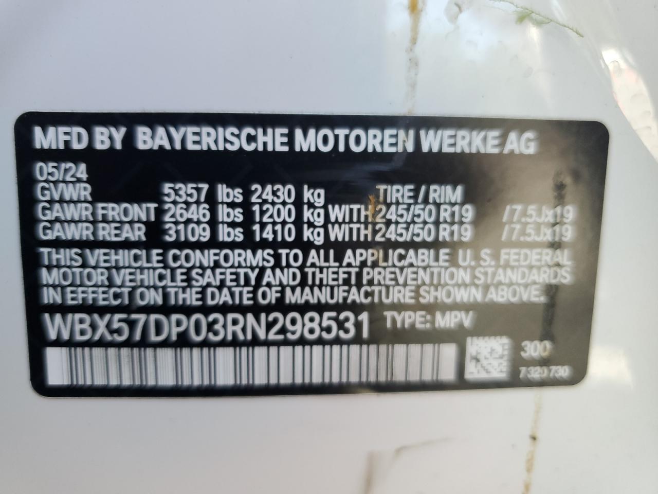 2024 BMW X3 xDrive30I VIN: WBX57DP03RN298531 Lot: 63040635