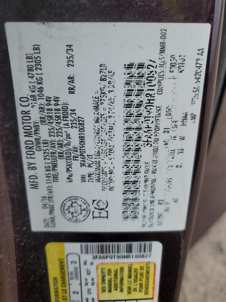 2017 Ford Fusion Se VIN: 3FA6P0T90HR100827 Lot: 62064195