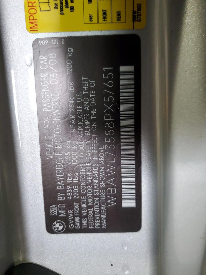 2008 BMW 335 I VIN: WBAWL73588PX57651 Lot: 62816415