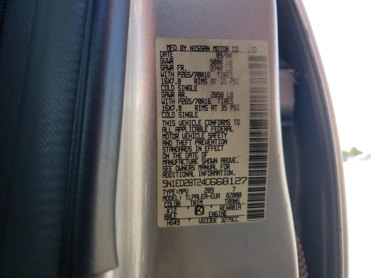 2004 Nissan Xterra Xe VIN: 5N1ED28T24C668127 Lot: 60123775