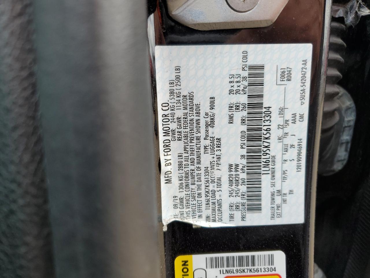 2019 Lincoln Continental Select VIN: 1LN6L9SK7K5613304 Lot: 62509125